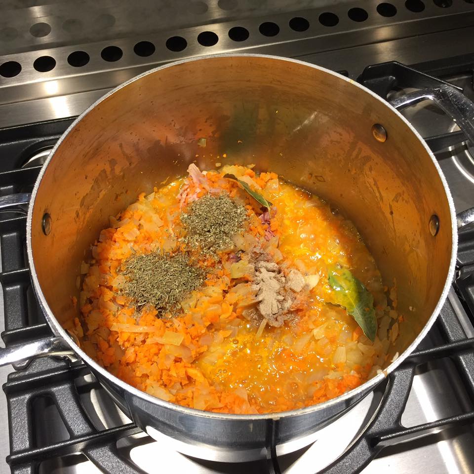Cook the carrot, onion and celery until translucent. Add in spices.